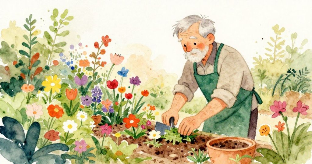 Elderly gardener Elias tending to his vibrant garden