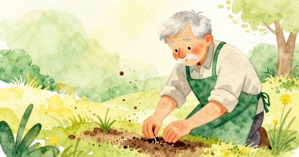 Elias sowing seeds in his garden with care