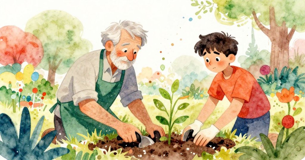 Elias and newcomer joyfully nurturing the garden together