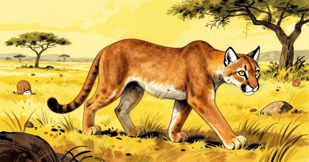 Lynx prowling silently through the golden savanna - dynamic illustration