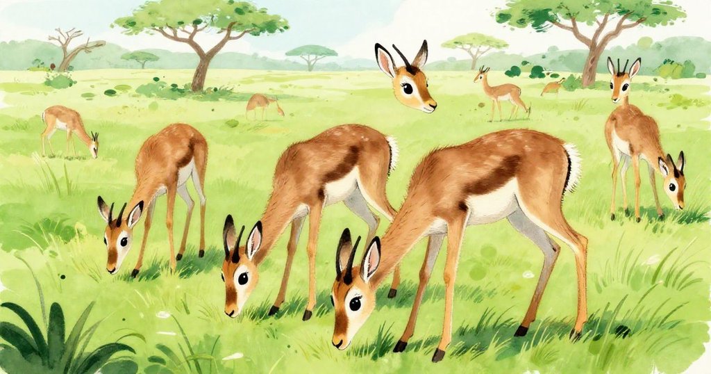 Herd of gazelles grazing in the savanna - peaceful mid shot illustration