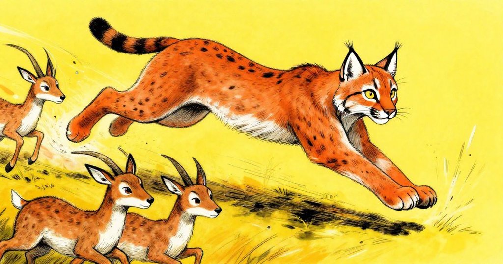Lynx leaping towards gazelles in a fierce chase - dynamic wide illustration