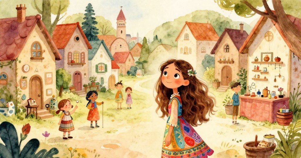 Elara welcoming viewers in her colorful art gallery - whimsical watercolor illustration