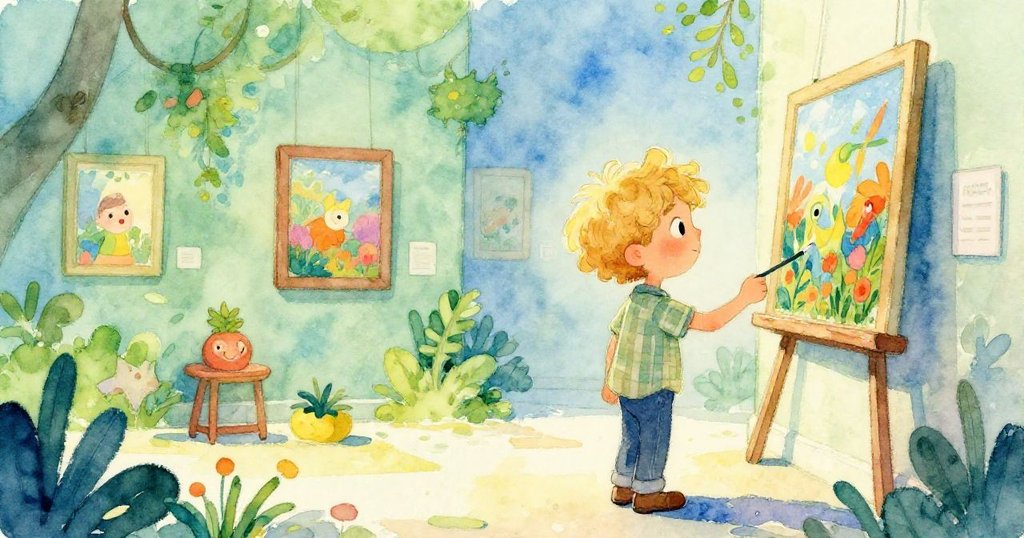 Finn marveling at Elara's art in her vibrant gallery - whimsical watercolor illustration