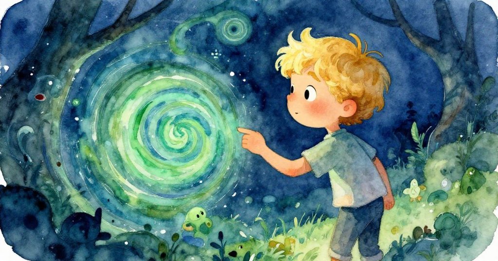 Finn closely examining a swirling painting - close-up whimsical watercolor illustration