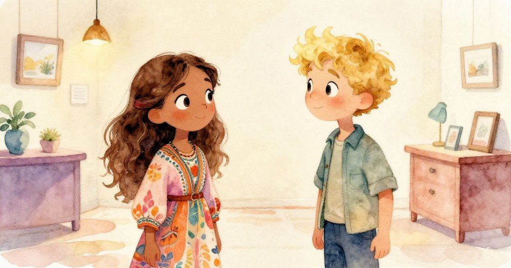 Elara sharing insights with Finn in her art gallery - warm mid shot illustration