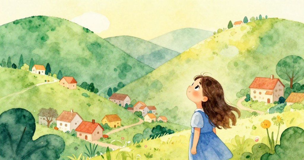 Elara gazing at emerald hills in her village - whimsical watercolor illustration