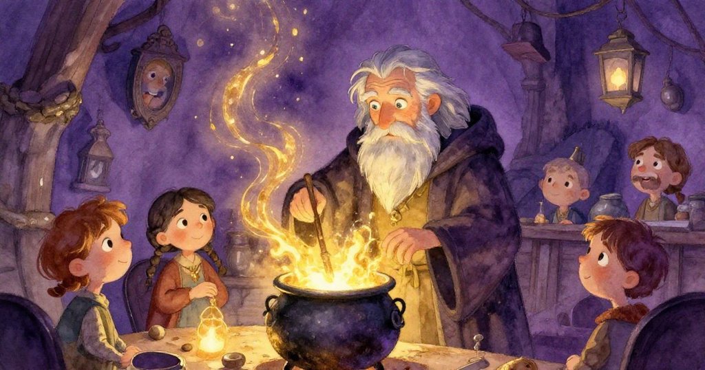 Master Thalos in his magical workshop surrounded by potions - enchanting digital illustration