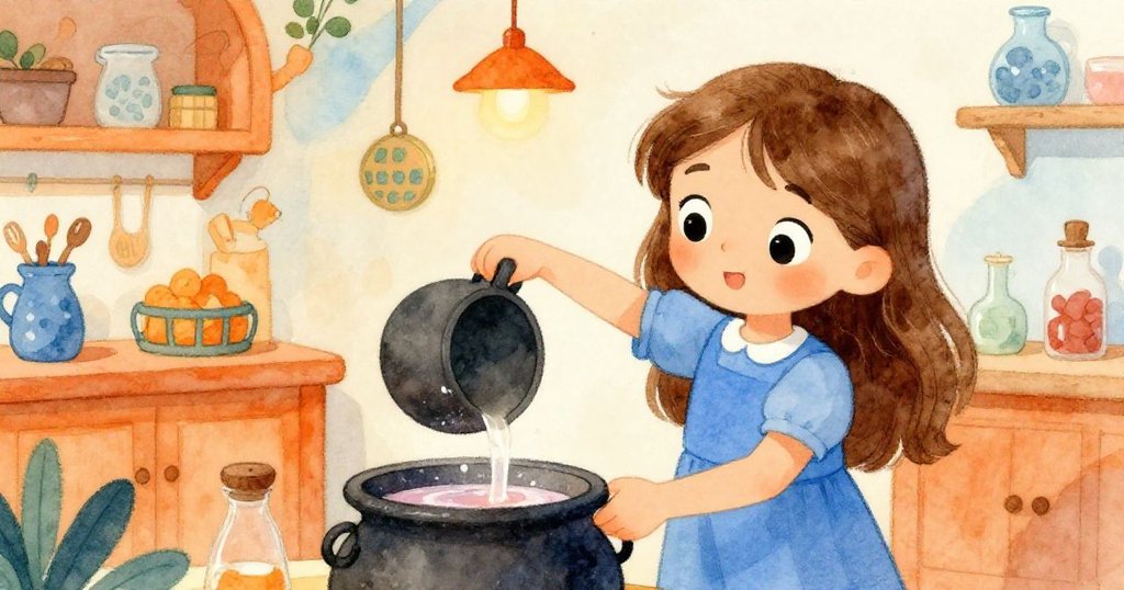 Elara pouring ingredients into her cauldron - close-up whimsical illustration