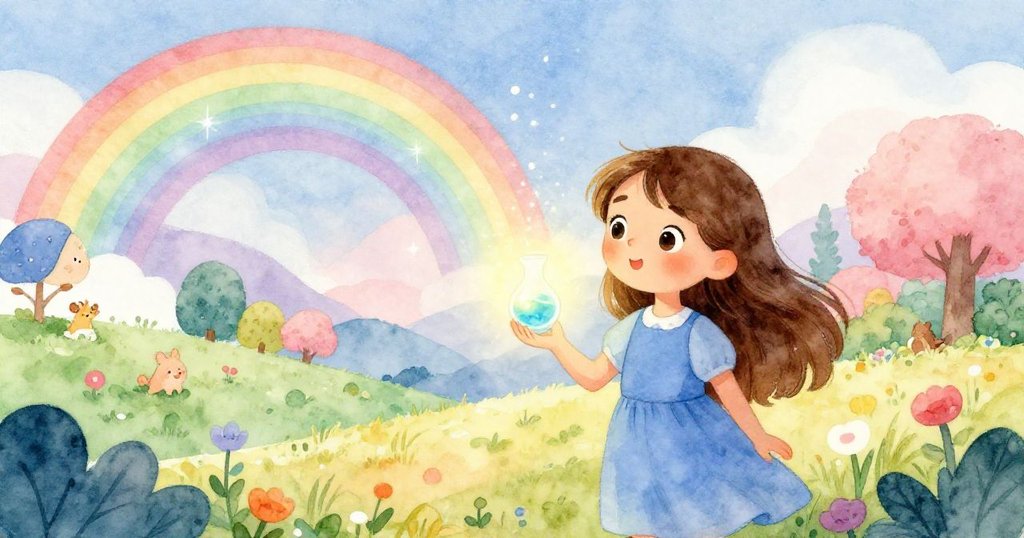 Elara standing confidently with her elixir in a magical landscape - whimsical wide illustration