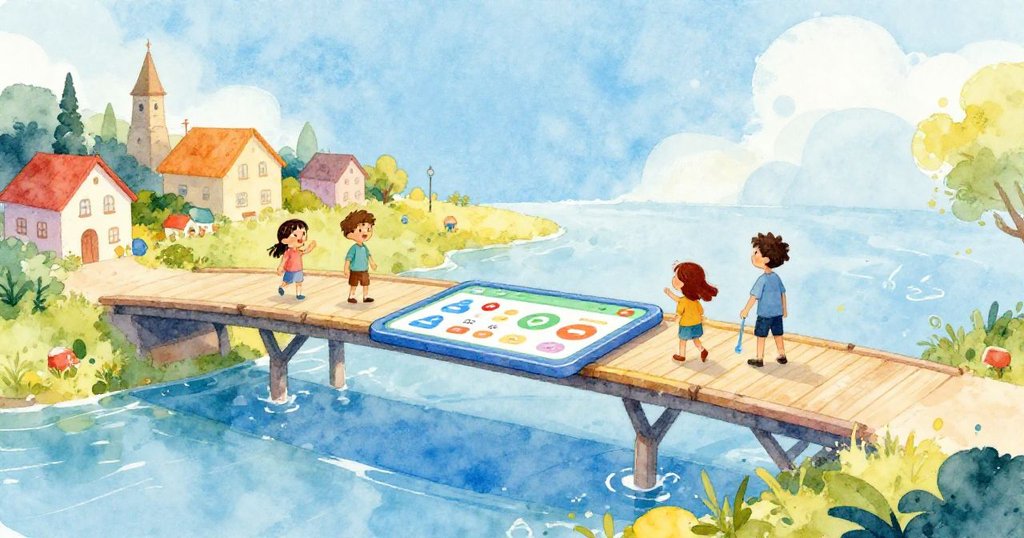 Colorful WordBridge platform in small town - vibrant watercolor illustration