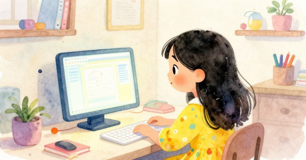 Mei excitedly logging into WordBridge on her computer - close-up watercolor illustration
