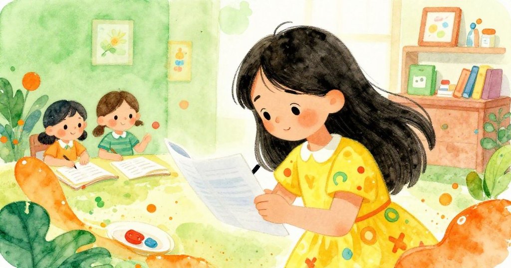 Mei focused on her assessment on WordBridge - dynamic mid shot illustration