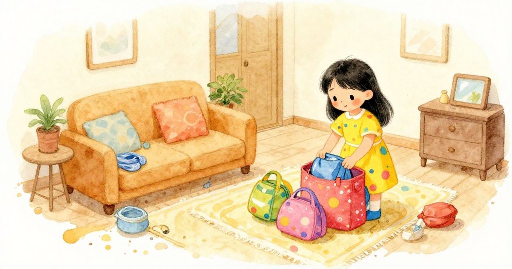 Mei joyfully packing for her journey abroad - cozy watercolor illustration