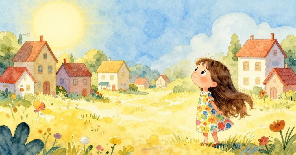 Mia dreaming of learning English in her small town - whimsical watercolor illustration