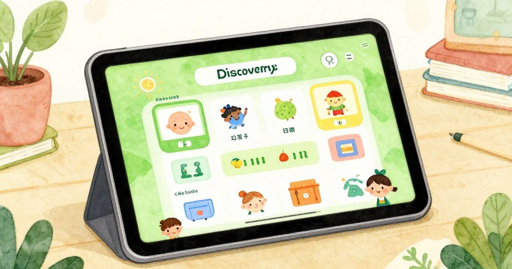 Tablet displaying English lessons with interactive content - close-up illustration