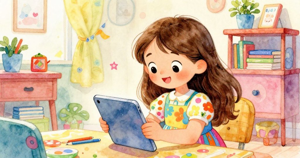 Mia enjoying interactive learning with her tablet - joyful mid shot illustration