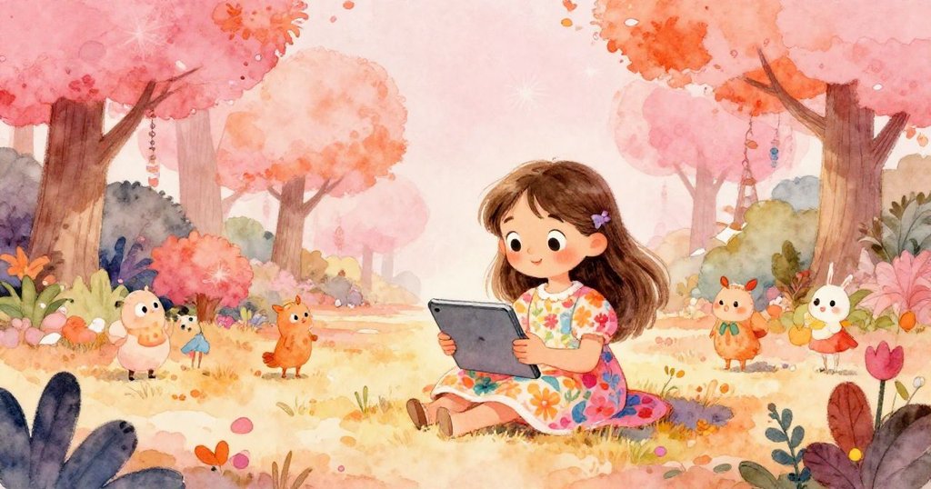 Mia confidently connecting with others through her tablet in the park - whimsical wide illustration