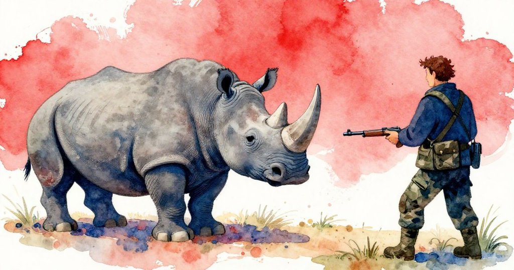 Rhinoceros startled by poacher in the savannah