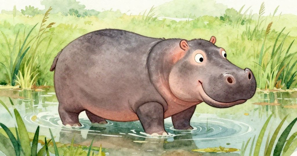 Bulky hippo wading through a vibrant marshland - watercolor illustration