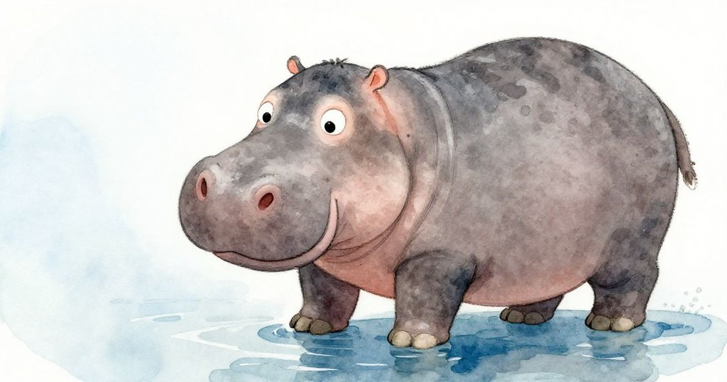 Hippo contemplating his reflection in calm waters - close-up watercolor illustration