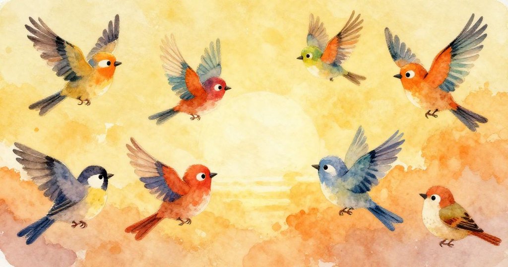 Colorful birds soaring in sunset sky above the marsh - mid shot watercolor illustration