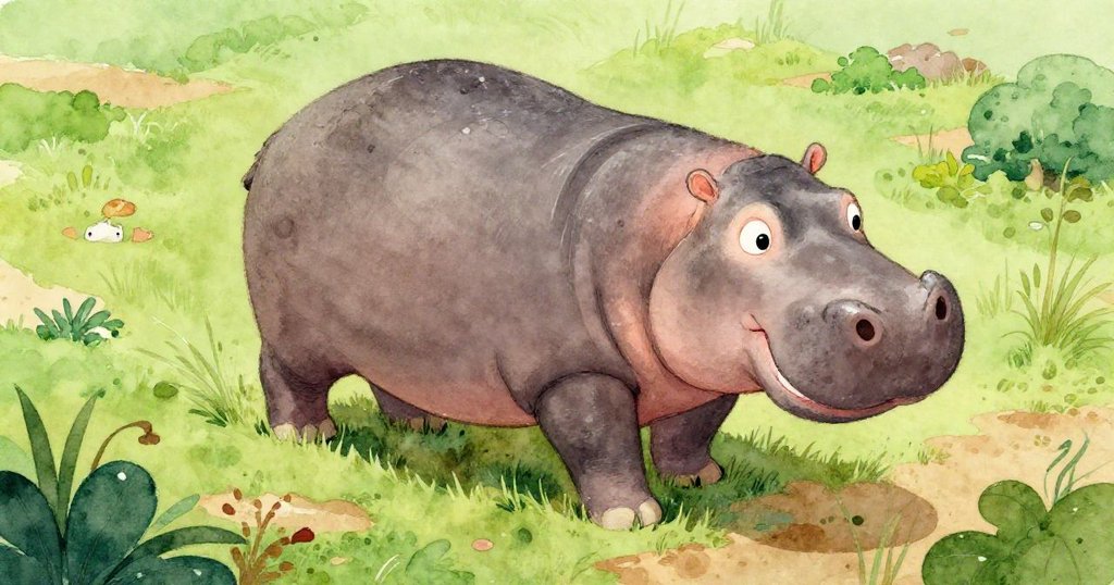 Hippo adventuring into dense underbrush - wide watercolor illustration