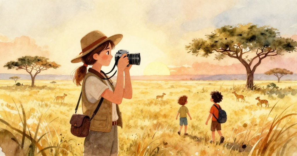 Sarah holding her camera in the sunrise-lit Serengeti landscape