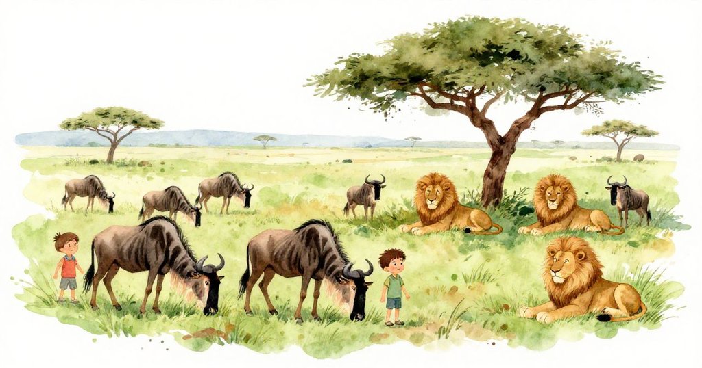 Wildebeest grazing and lions resting under an acacia tree