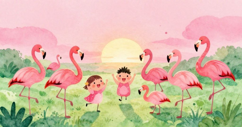 Flock of flamingos gathering in wetlands during sunset - vibrant watercolor illustration