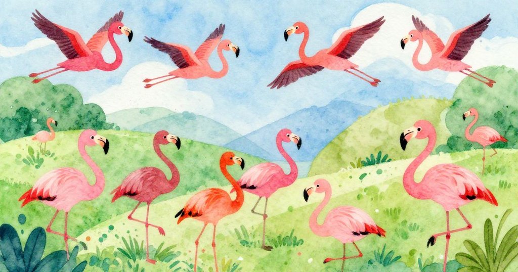 Flock of flamingos flying over diverse landscapes - vibrant watercolor illustration
