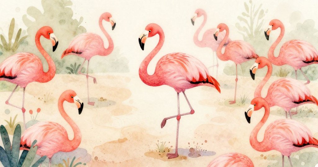 Flamingos settling into their new home surrounded by other birds - magical watercolor illustration