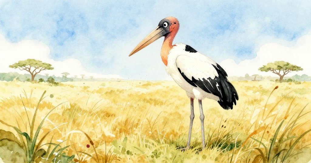 Marabou stork Mako standing in the golden savanna under the sun