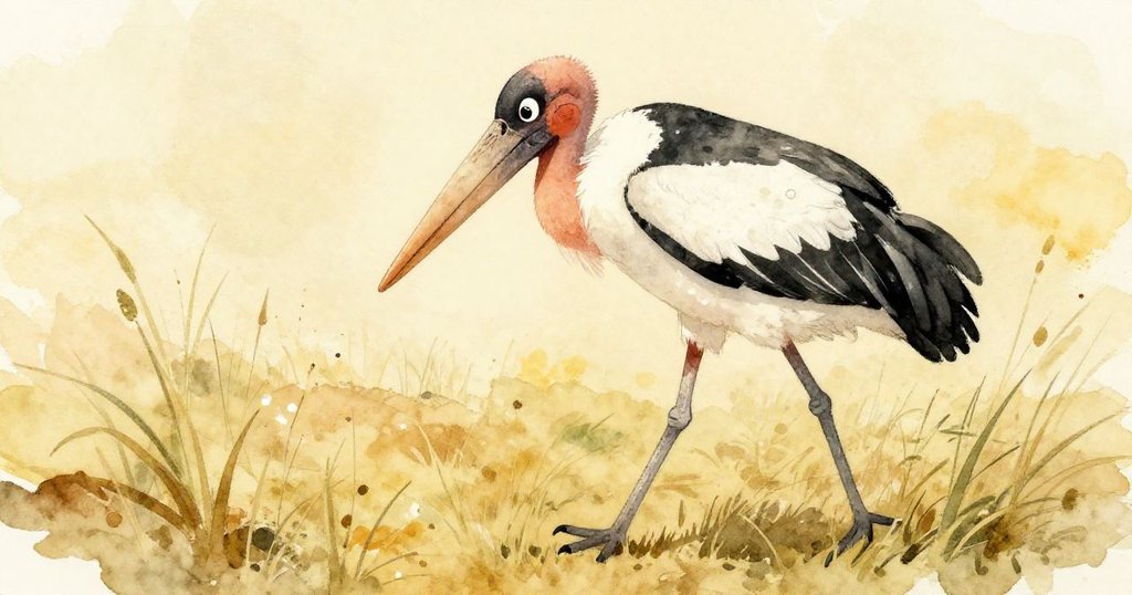 Mako the marabou stork walking through the savanna grass