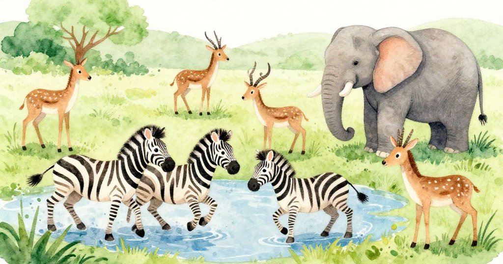 Animals gathered at the watering hole in the savanna