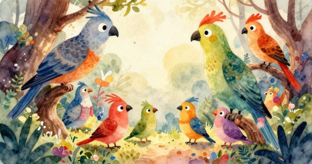 Magnificent aviary filled with vibrant birds and lush foliage.