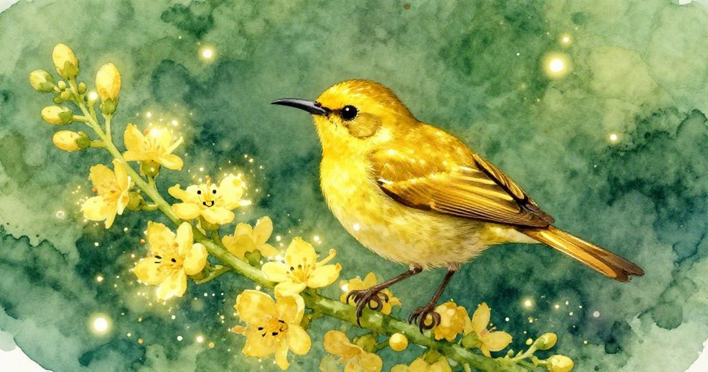 Close-up of the shimmering Golden-Winged Sunbird on a flower.