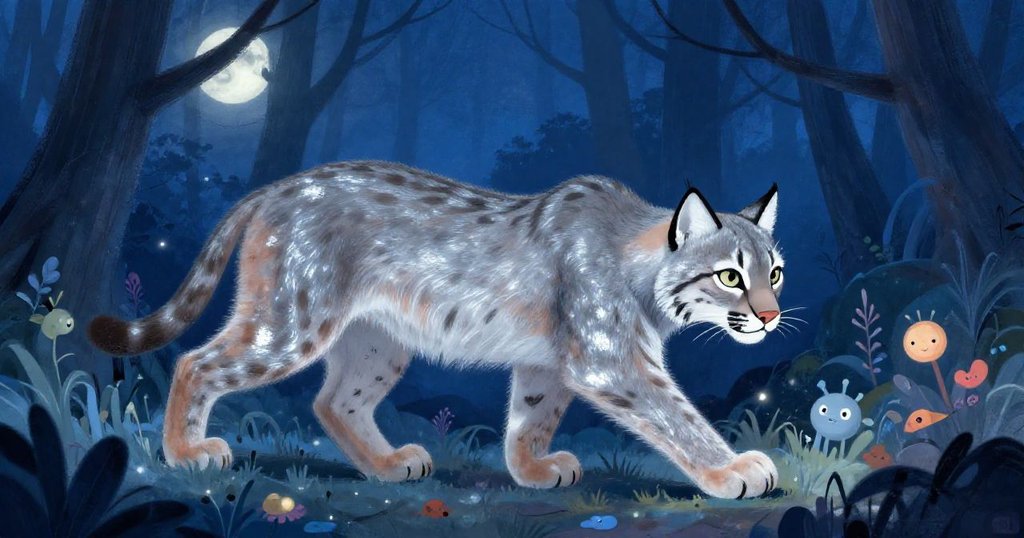 Lynx prowling silently in moonlit forest - wide mystical illustration
