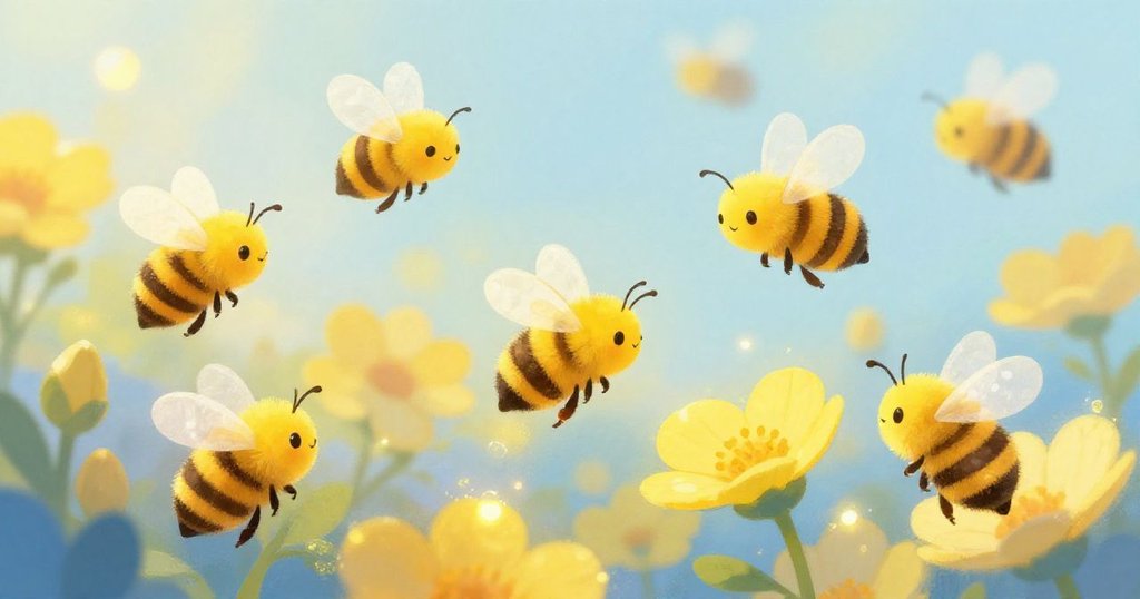 Bees buzzing around flowers in a sunny meadow - mid shot joyful illustration
