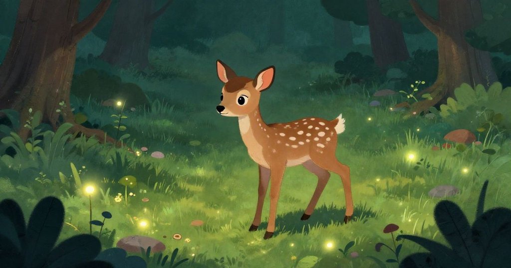 Young deer startled in moonlit forest clearing - wide mysterious illustration