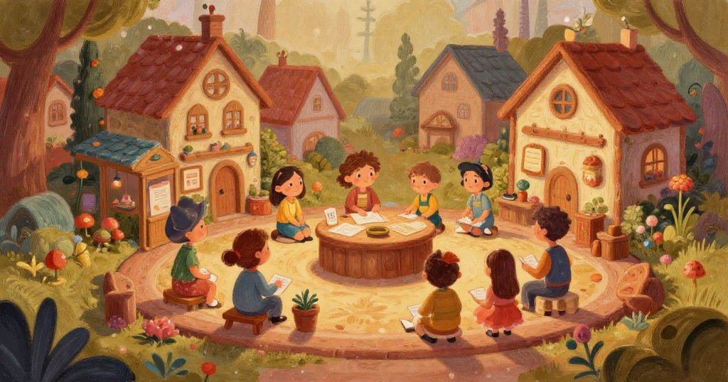 Vibrant learning platform in a cozy small town - wide gouache illustration