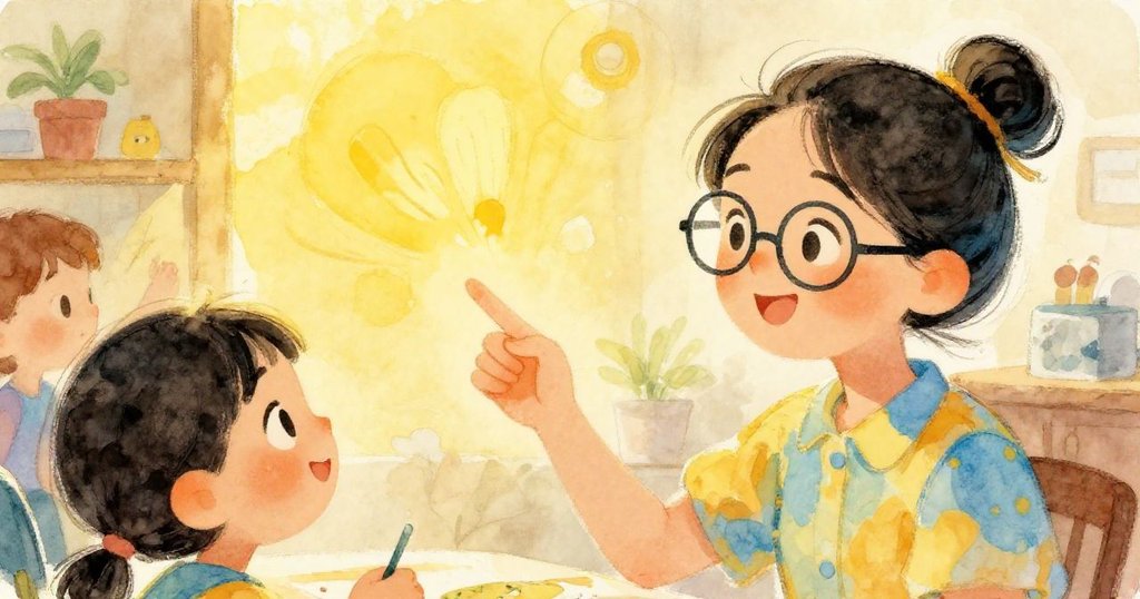 Mei enthusiastically sharing ideas in her cozy workspace - close-up watercolor illustration