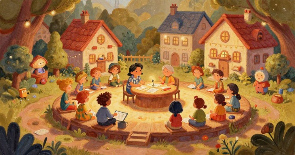 Diverse group of learners joyfully sharing stories in a vibrant learning hub - wide illustration