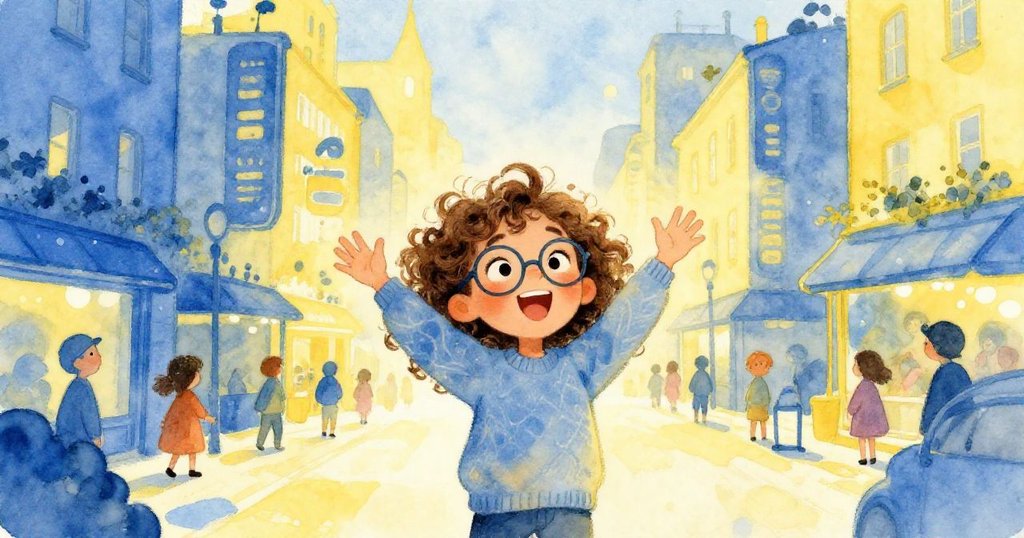 Mia excitedly standing in a bustling city street - whimsical watercolor illustration