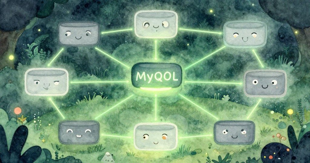 Intricate representation of MySQL database structure - close-up whimsical illustration