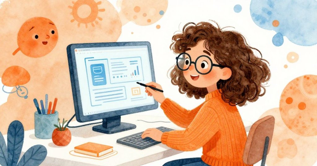 Mia coding at her desk with a visual representation on her screen - mid shot whimsical illustration