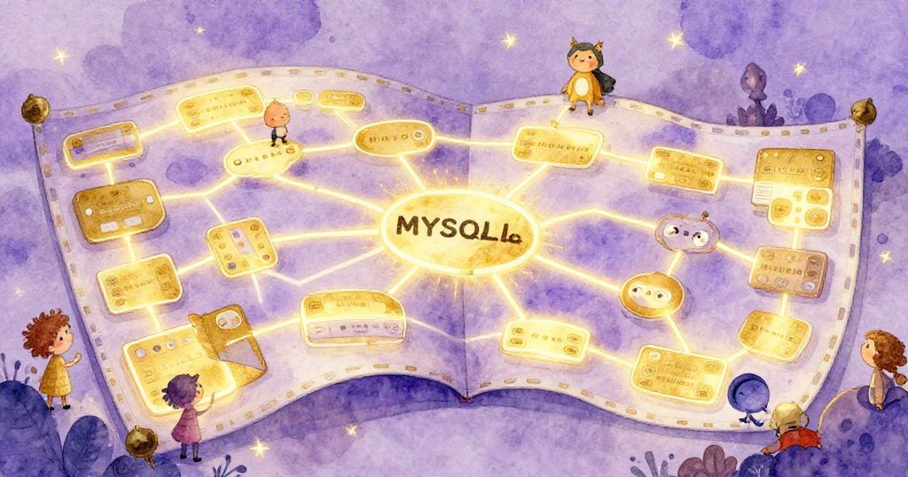 The MySQL database unfolding like a tapestry - wide whimsical illustration