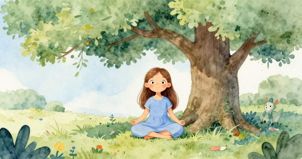 Elara meditating under the oak tree, feeling connected to nature
