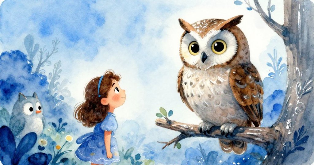 Wise old owl speaking to Elara in the grove