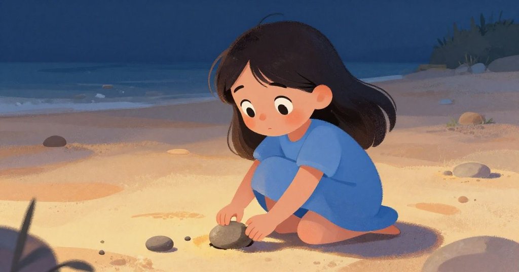 小雨在沙滩上捡到奇特的光滑石头